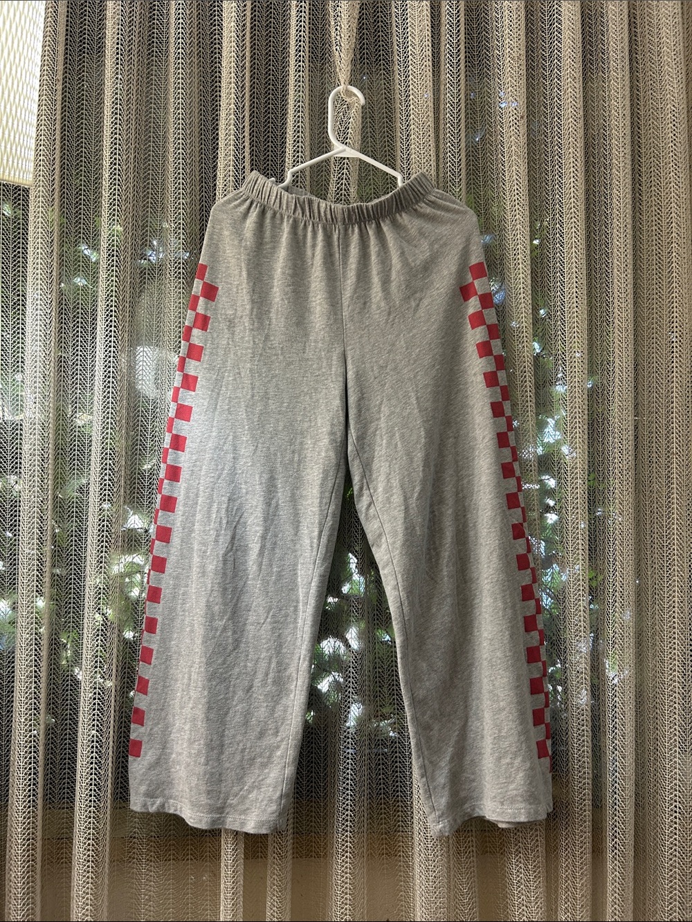 Grayson Threads Gray Track Pants with Pink Checkered Side Stripes